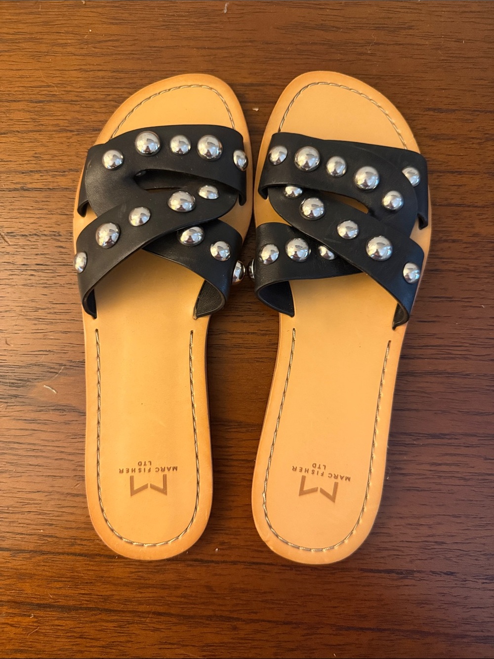 Marc Fisher Black Studded Slide Sandals with Tan Footbed
